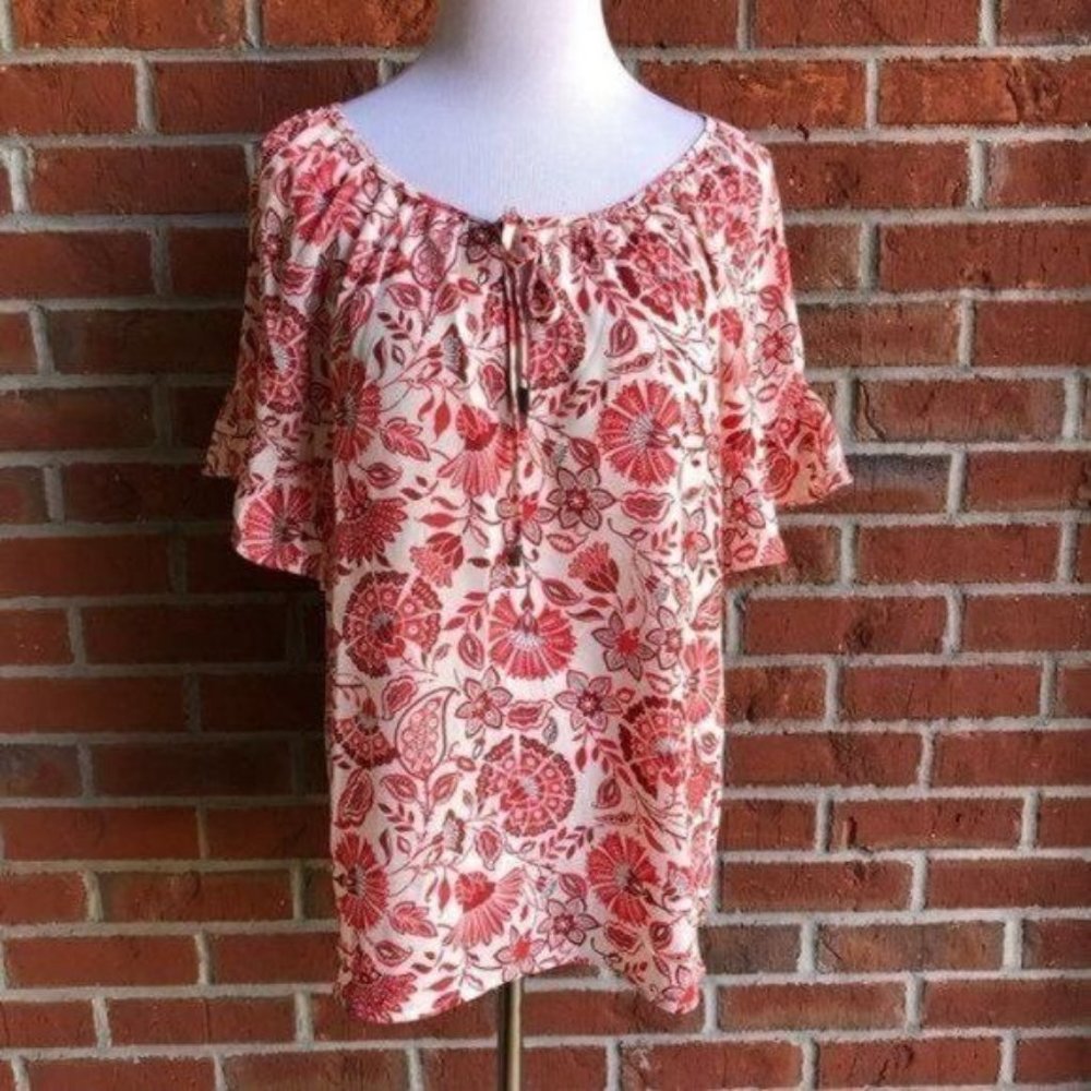 W5 Floral Flutter Sleeve Keyhole Tie Boho Top - Size L